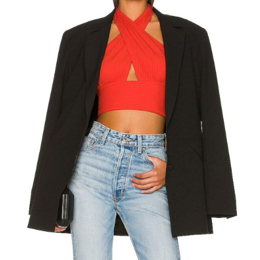 Revolve Callahan Mimi Textured Ribbed Halterneck Cut Out Crop Tank in Red - NWT